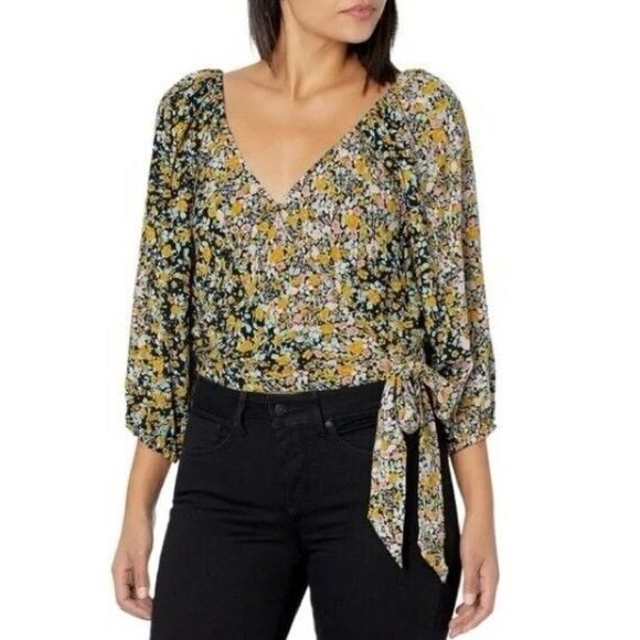 BCBGeneration Blouse Size Small Garden Floral Surplice Wrap Crop Top V Neck - Picture 1 of 10